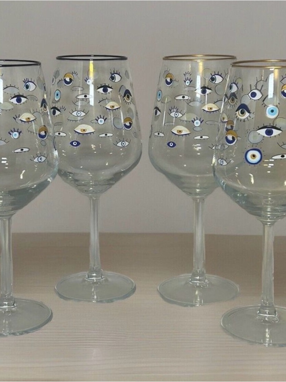 Anthropologie Evil Eye Wine Glasses with Gold and Blue Accents